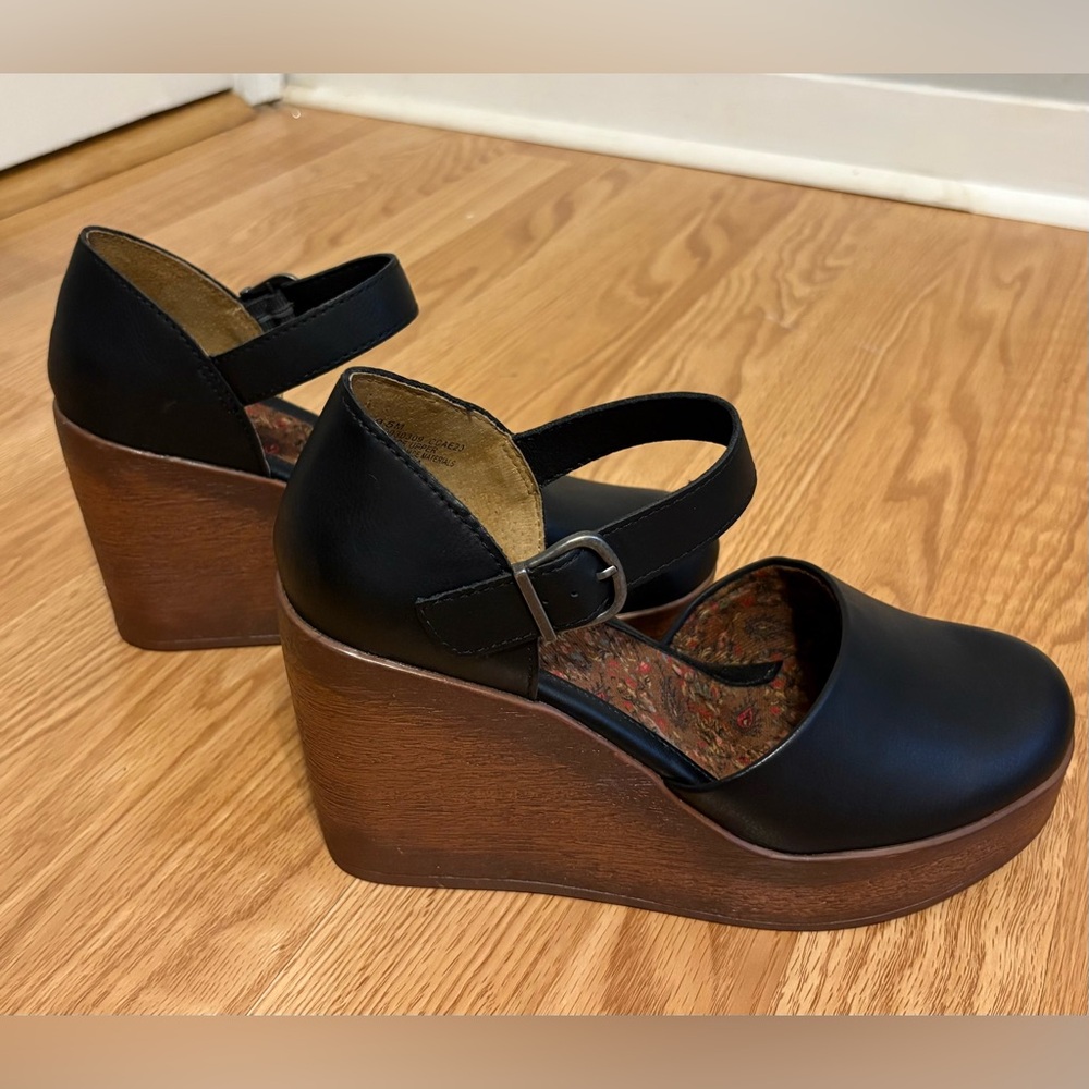 b.o.c. Black Leather Mary Jane Wedge Clogs with Brown Wood-Look Platform